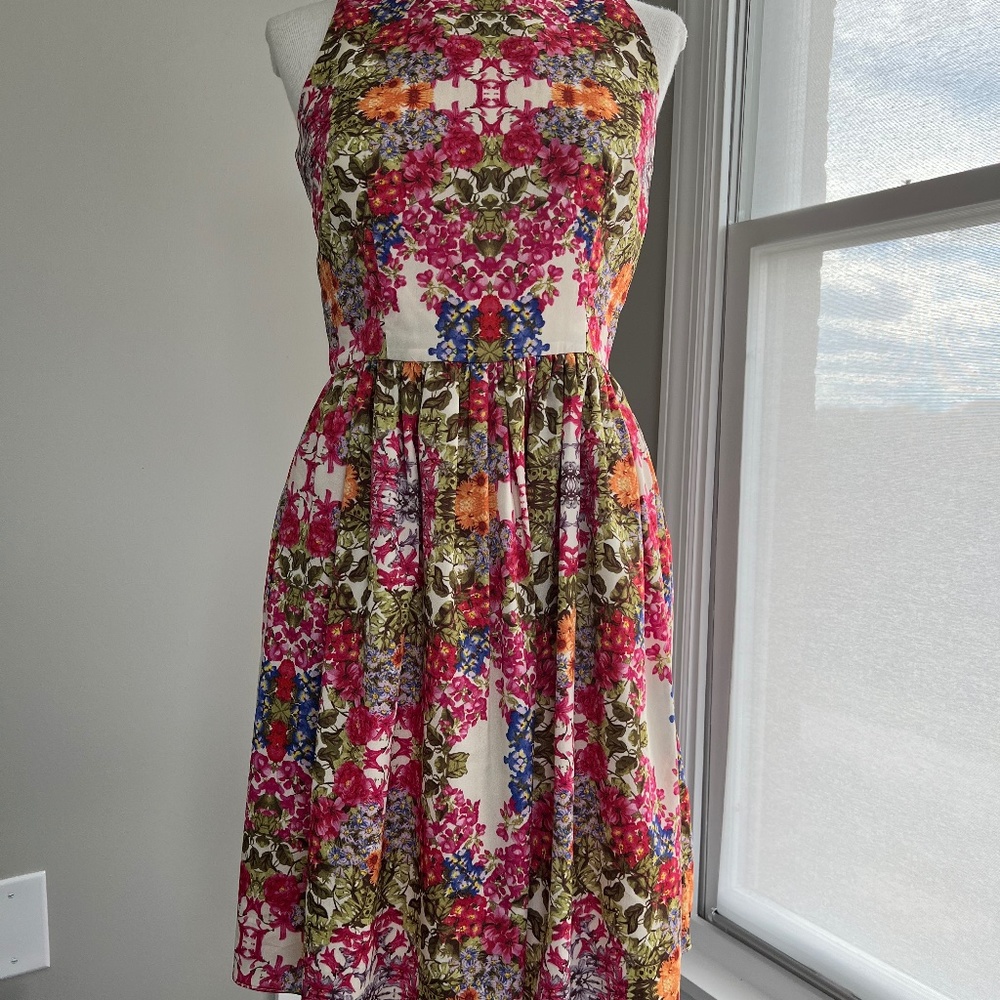 Maggy London Floral Halter Dress in Pink, Green, Orange, Blue on Cream